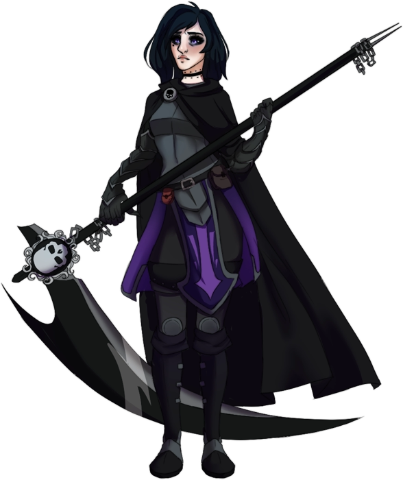 A pale ravenette human woman wearing travelers clothes and a breastplate holding a large dark scythe.